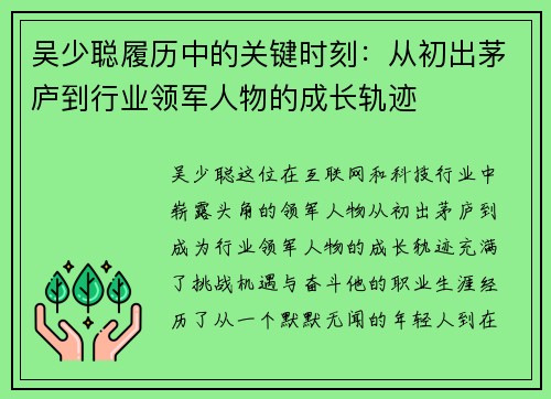 吴少聪履历中的关键时刻：从初出茅庐到行业领军人物的成长轨迹