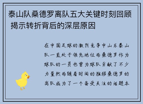 泰山队桑德罗离队五大关键时刻回顾 揭示转折背后的深层原因
